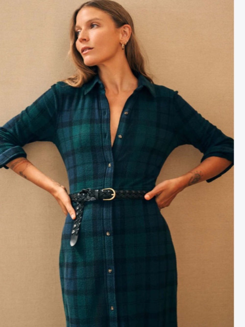 Plaid Shirt Midi Dress Green and Navy